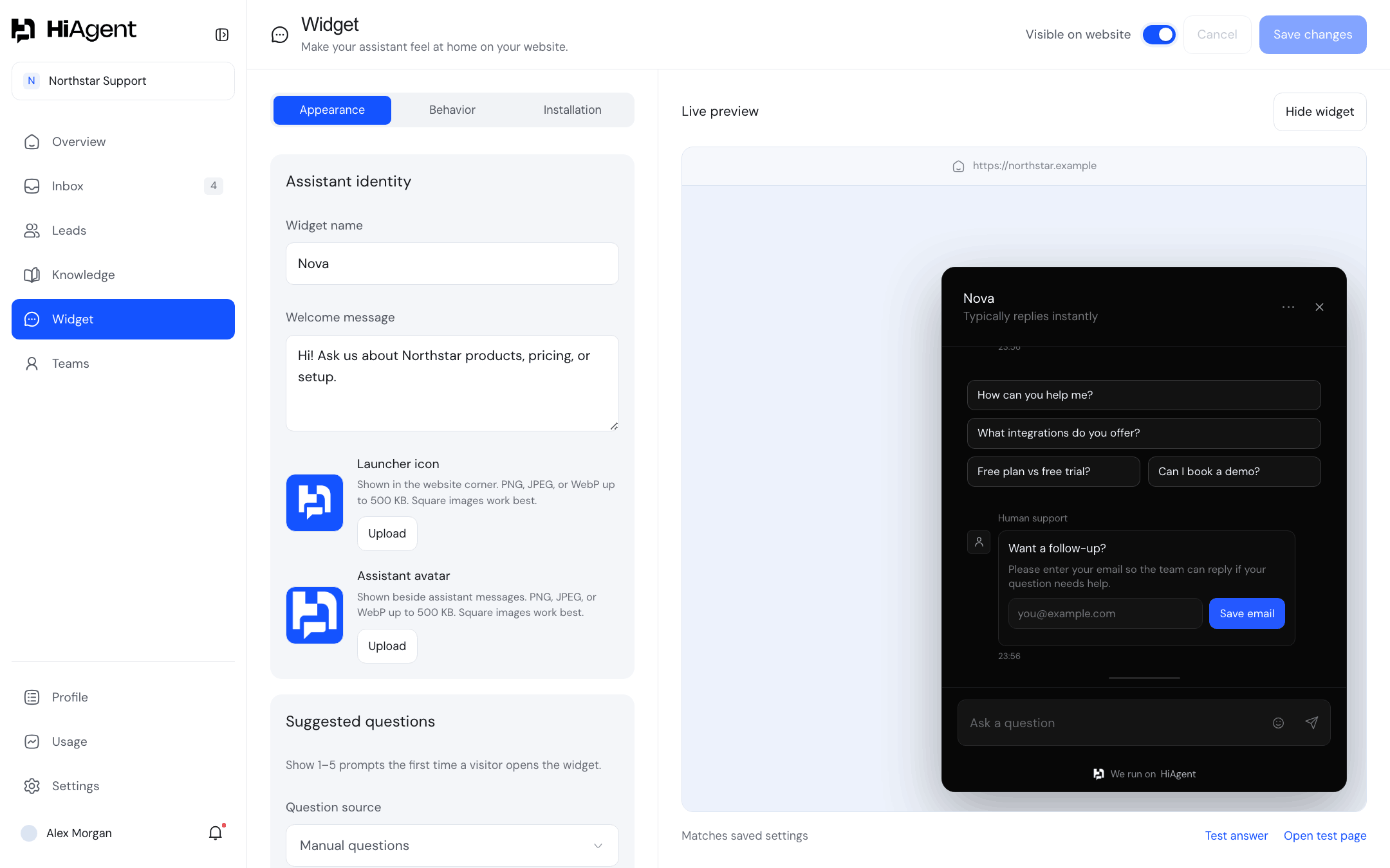HiAgent Widget settings with the assistant name, welcome message and a live preview